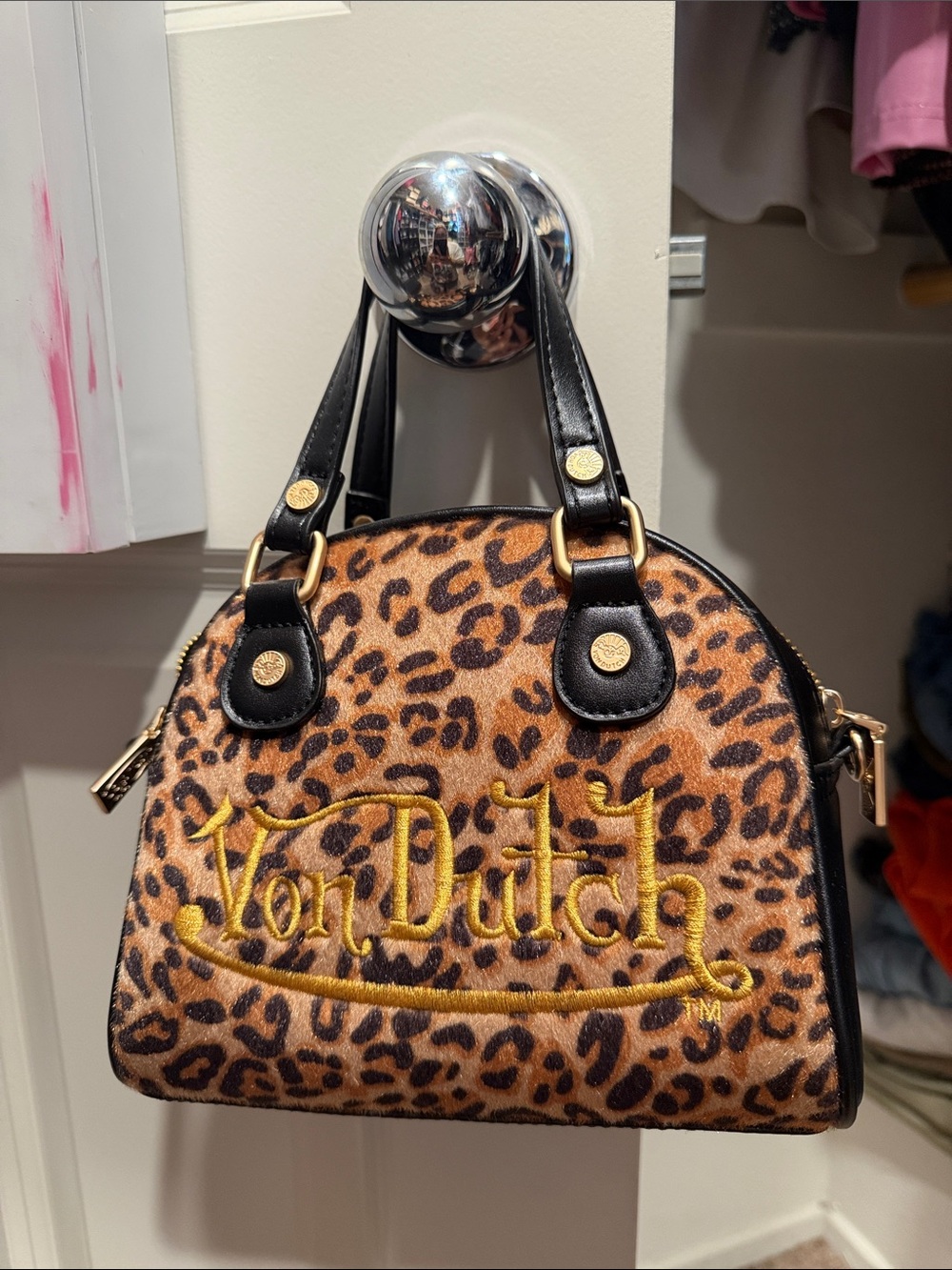 Von Dutch Leopard Print Satchel in Brown and Black with Gold Embroidery